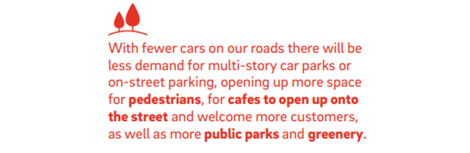 With fewer cars on our roads there will be less demand for multi-story car aprks or on-street parking, opening up more space for pedestrians, for cafes to open up onto the street and welcome more customers, as well as more public parks and greenery