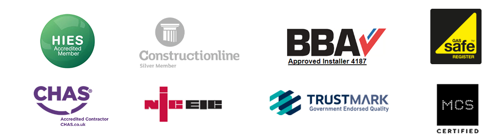 Image of our partners, HIES, BBA approved installer 4187, Gas safe, Contructionline, Trustmark, CHAS, NIC EIC, MCS certified.