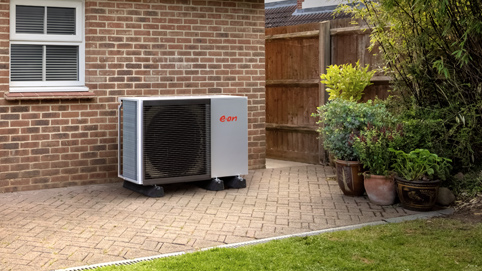 E.ON air source heat pump installed outside a home